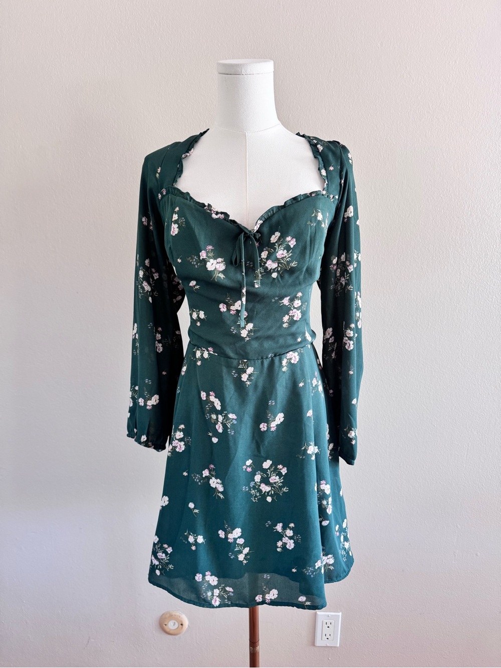 Abercrombie & Fitch Dark Green Floral Long-Sleeve Mini Dress